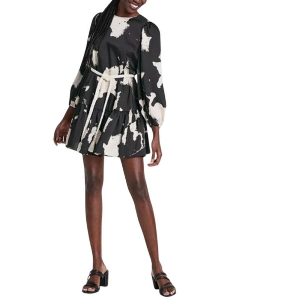 ALEXIS x Target Long Sleeve Rope Belt Tiered Ruffle Dress Boho Black White Small
